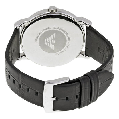 Emporio Armani Luigi watch caseback showing stainless steel with engraved eagle logo