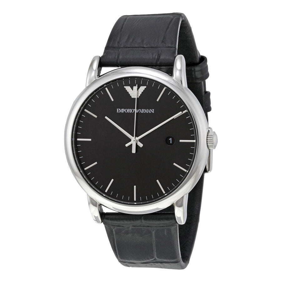 Emporio Armani Luigi black dial men's watch with silver case and black leather strap