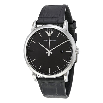 Emporio Armani Luigi black dial men's watch with silver case and black leather strap