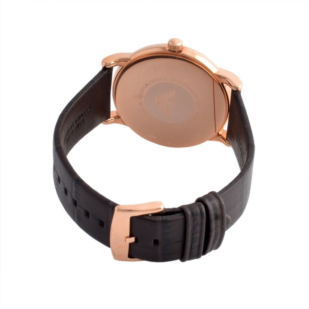 Back case of Emporio Armani Luigi watch with rose gold finish and black strap