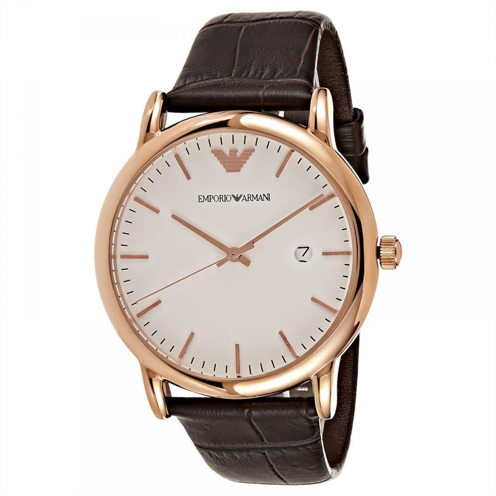 Emporio Armani Luigi rose gold watch with white dial and black leather strap