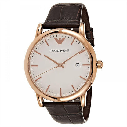 Emporio Armani Luigi rose gold watch with white dial and black leather strap