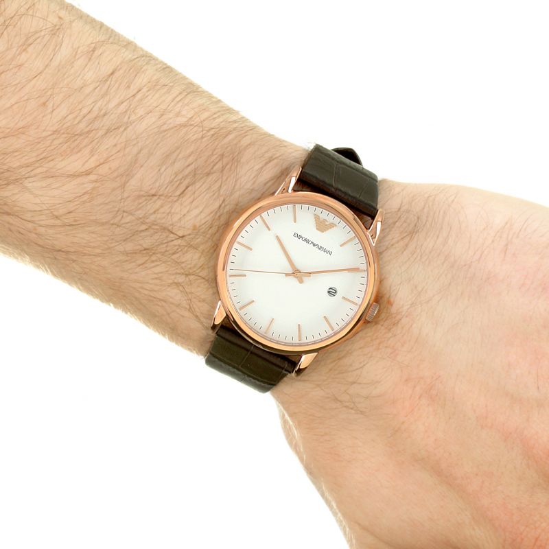 Emporio Armani Luigi watch worn on wrist showing white dial and rose gold case