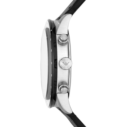 Side view of Emporio Armani Mario chronograph watch showing case thickness and black leather strap
