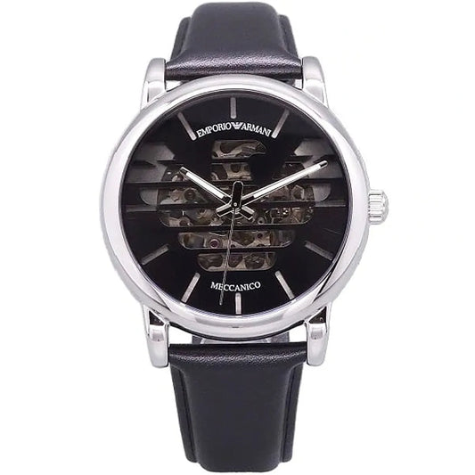 EMPORIO ARMANI Meccanico Black Leather Strap Black Dial Automatic Watch Luigi AR60040
