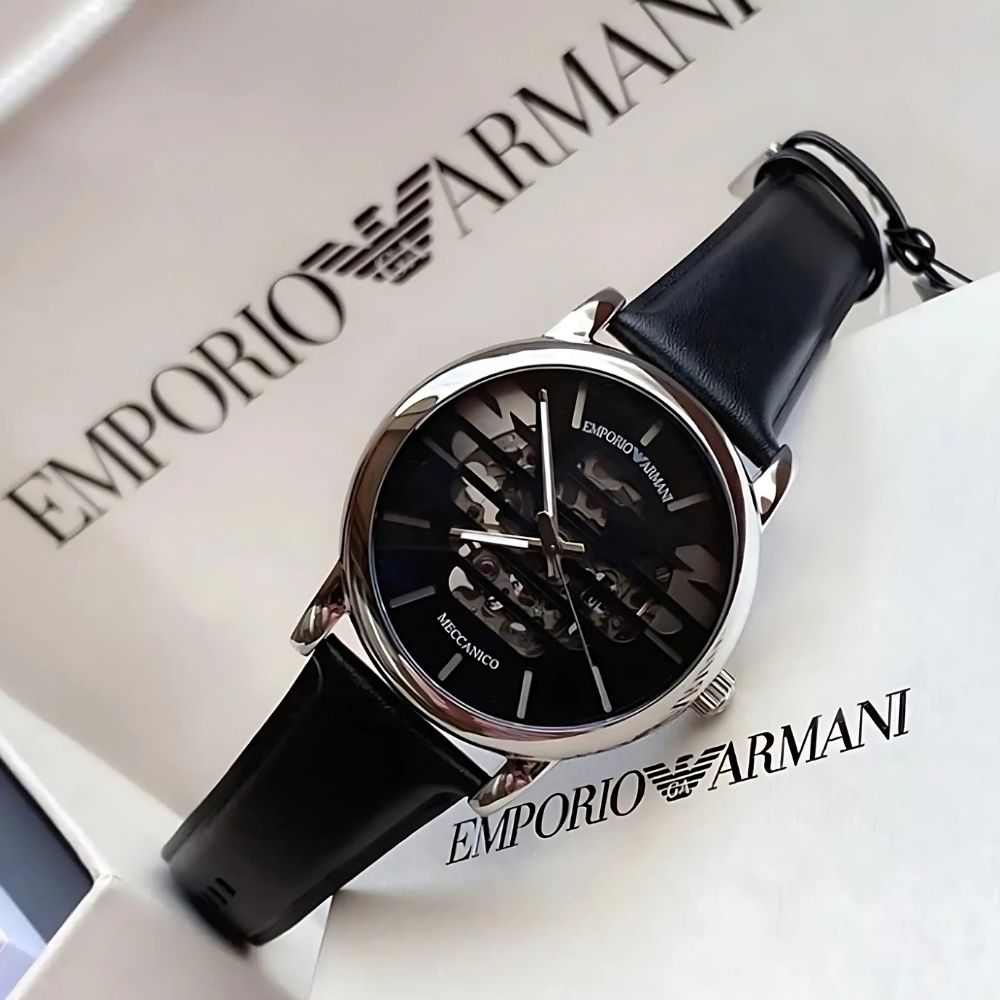 Emporio Armani Luigi Meccanico Automatic Black Genuine Leather Men's Watch - AR60040