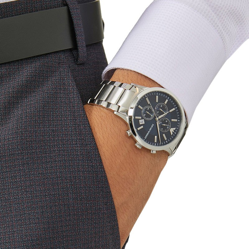 Emporio Armani Renato chronograph watch worn on wrist with steel bracelet