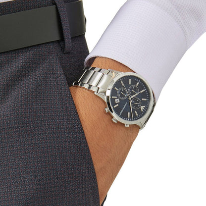 Emporio Armani Renato chronograph watch worn on wrist with steel bracelet