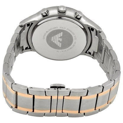 Emporio Armani Renato watch caseback showing stainless steel and rose gold-tone stainless steel bracelet