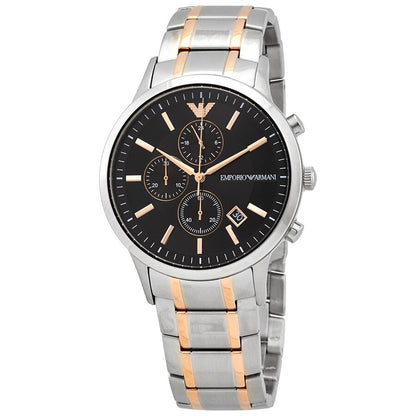 Emporio Armani Renato chronograph watch with black dial, three sub-dials, stainless steel and rose gold-tone bracelet