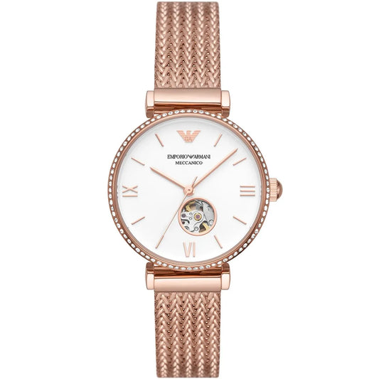 Emporio Armani Meccanico Automatic White Dial Rose Gold Mesh Strap Women's Watch - AR60063