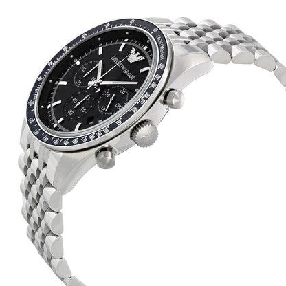 Emporio Armani Sportivo watch shown at angle with stainless steel bracelet and chronograph pushers visible