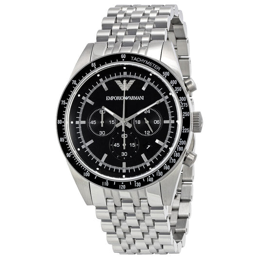 Emporio Armani Sportivo men's watch with black dial, chronograph subdials, and tachymeter bezel