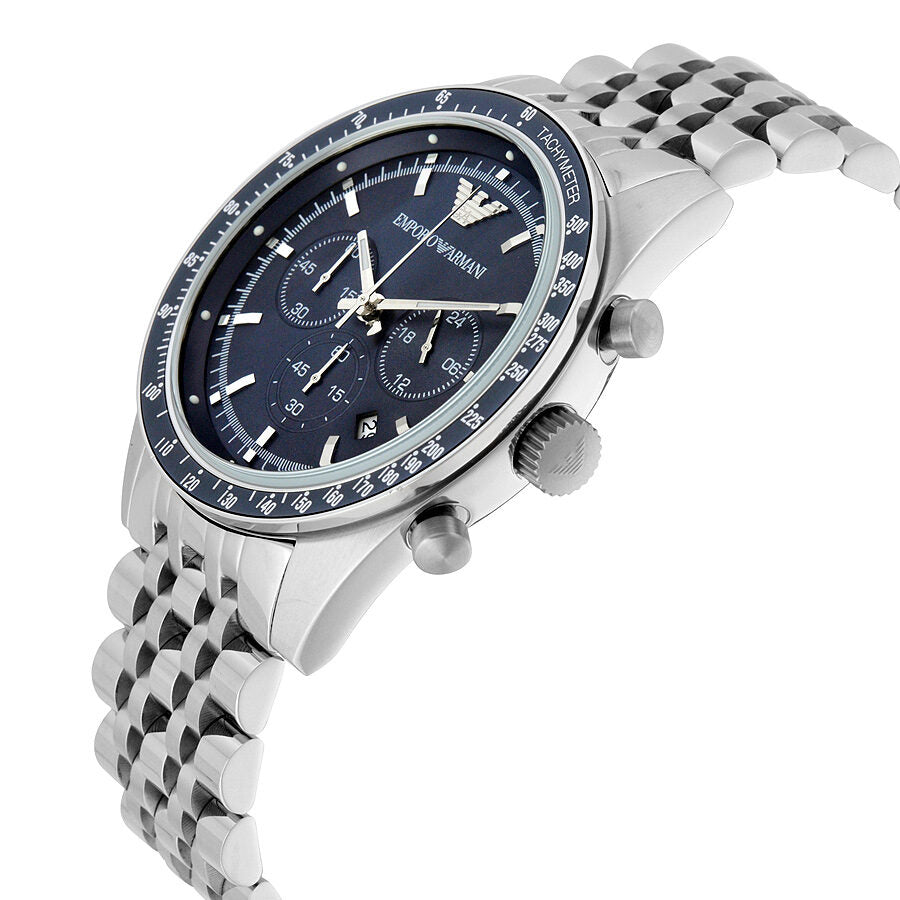 Emporio Armani Sportivo AR6072 angled view showing chronograph subdials and steel bracelet