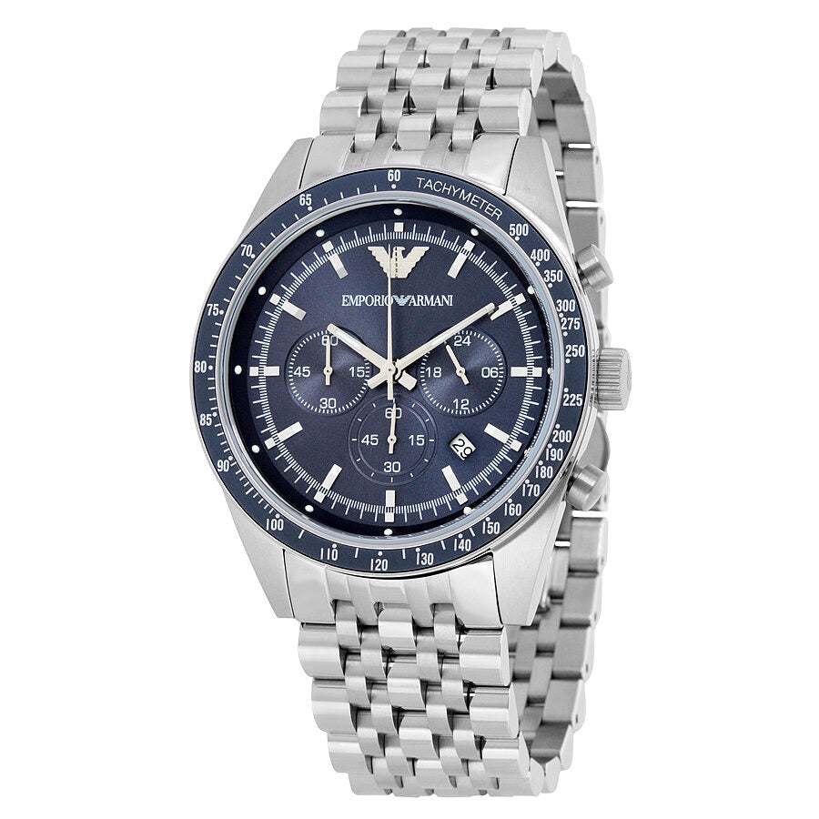 Emporio Armani Sportivo chronograph watch with blue dial and silver steel bracelet