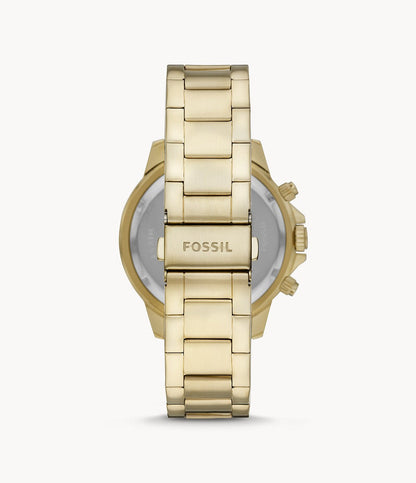 Caseback view of Fossil Bannon watch showing gold-tone stainless steel bracelet