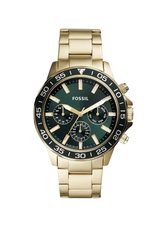 Fossil Bannon gold-tone multifunction watch with green dial and chronograph subdials