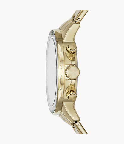 Side view of Fossil Bannon watch showing gold-tone case profile and pushers