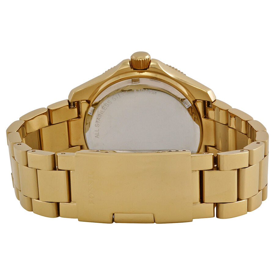 Fossil Cecile watch caseback showing gold-tone stainless steel case and bracelet