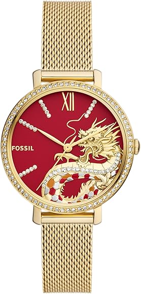 Fossil Jacqueline Dragonsteel women's watch with red dial, gold mesh strap, and dragon design