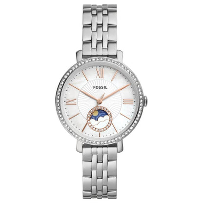 Fossil Jacqueline women's watch with silver-tone stainless steel bracelet and white dial featuring sun-moon complication