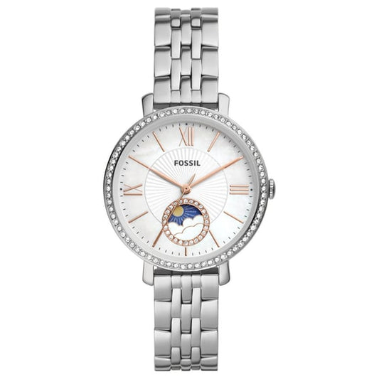 Fossil Jacqueline women's watch with silver-tone stainless steel bracelet and white dial featuring sun-moon complication