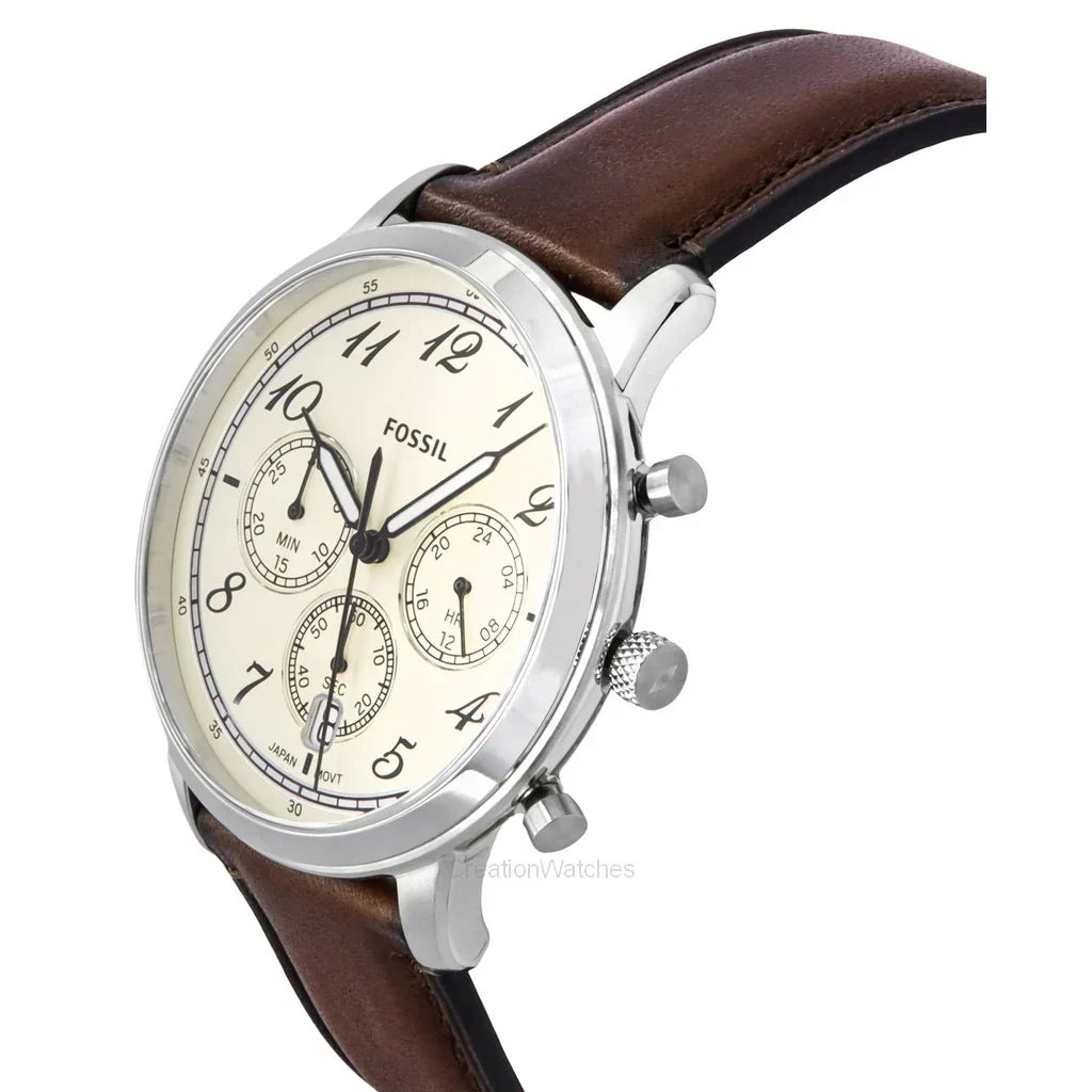 Fossil Neutra chronograph watch at angle with brown leather strap