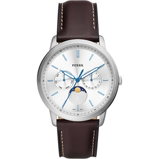 Fossil Neutra moonphase men's watch with silver case, white dial, blue hands, and brown leather strap