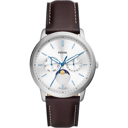Fossil Neutra moonphase men's watch with silver case, white dial, blue hands, and brown leather strap
