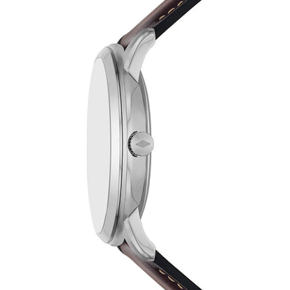 Side profile of Fossil Neutra moonphase watch showing silver case thickness and brown leather strap