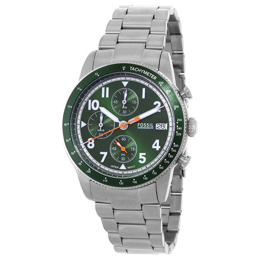 Fossil Sport Tourer Chronograph Green Dial Silver Steel Strap Watch for Men - FS6048
