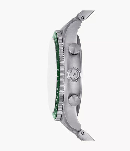 Fossil Sport Tourer side profile with green tachymeter bezel and steel case
