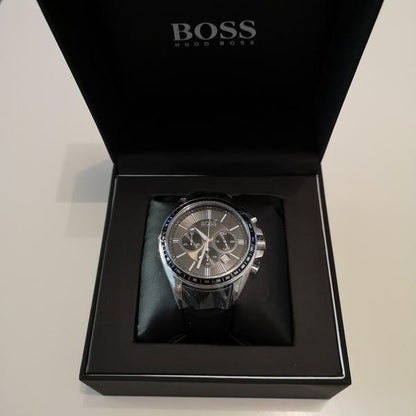 Hugo Boss chronograph watch in black branded presentation box with pillow