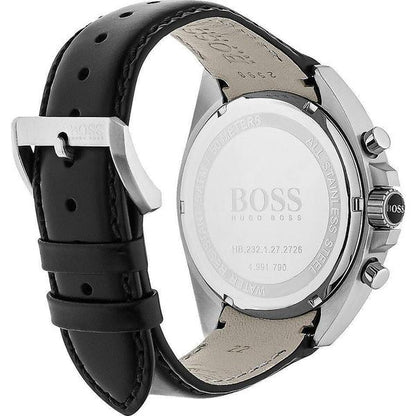 Hugo Boss chronograph watch side profile showing black leather strap with cream-colored leather backing