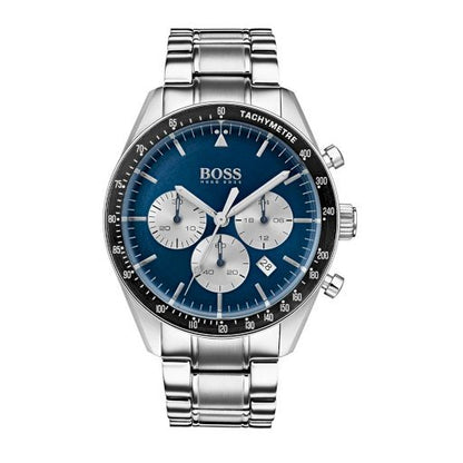 Hugo Boss 1513630 chronograph front view showing blue dial with three subdials