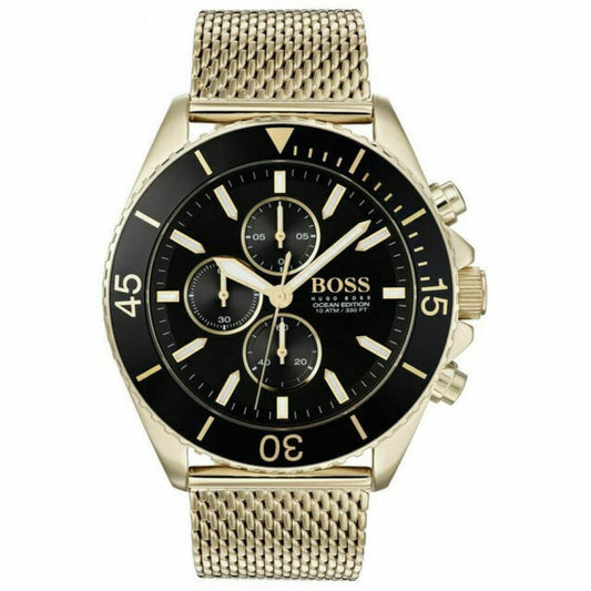 Hugo Boss yellow stainless steel chronograph watch with black dial and mesh strap