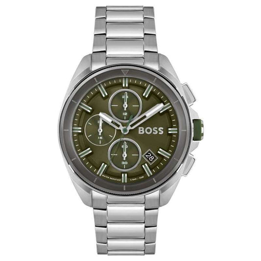 Hugo Boss chronograph men's watch with green dial and stainless steel bracelet