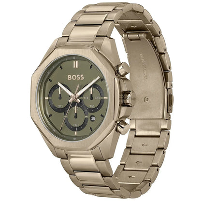 Hugo Boss 1514019 watch three-quarter view showing chronograph subdials and metal bracelet