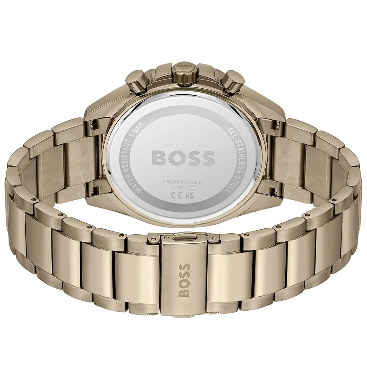 Hugo Boss 1514019 watch caseback showing BOSS engraved on steel case