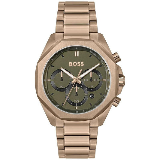 Hugo Boss 1514019 chronograph watch with olive green dial and beige gold steel bracelet