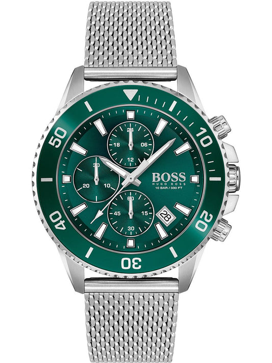 Hugo Boss Admiral men's watch with green dial, stainless steel mesh bracelet, and chronograph subdials