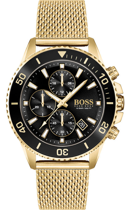 Hugo Boss Admiral gold chronograph watch with black dial, gold mesh strap, and dual subdials