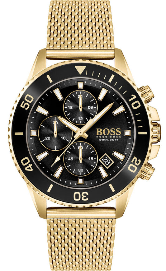 Hugo Boss Admiral gold chronograph watch with black dial, gold mesh strap, and dual subdials