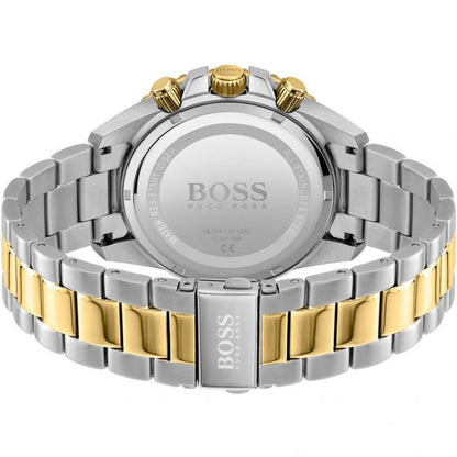 Hugo Boss Admiral chronograph caseback showing stainless steel case back and two-tone bracelet