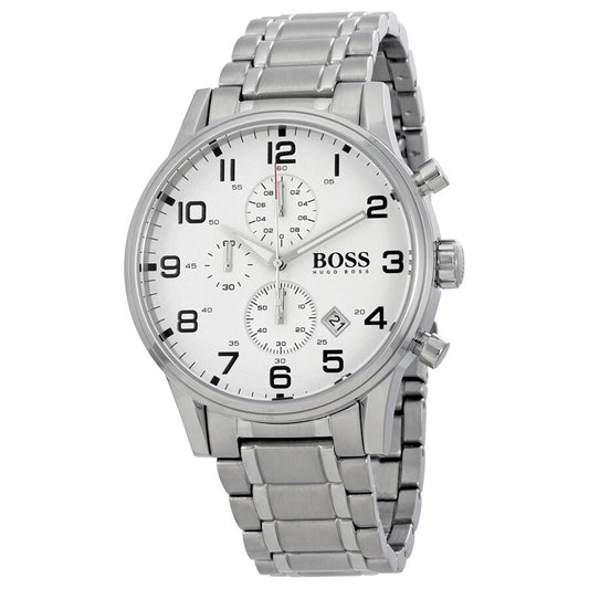 Hugo Boss Aeroliner chronograph watch with white dial and stainless steel bracelet
