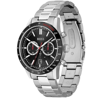 Hugo Boss Allure watch at angle showing black dial with dual subdials and silver metal bracelet