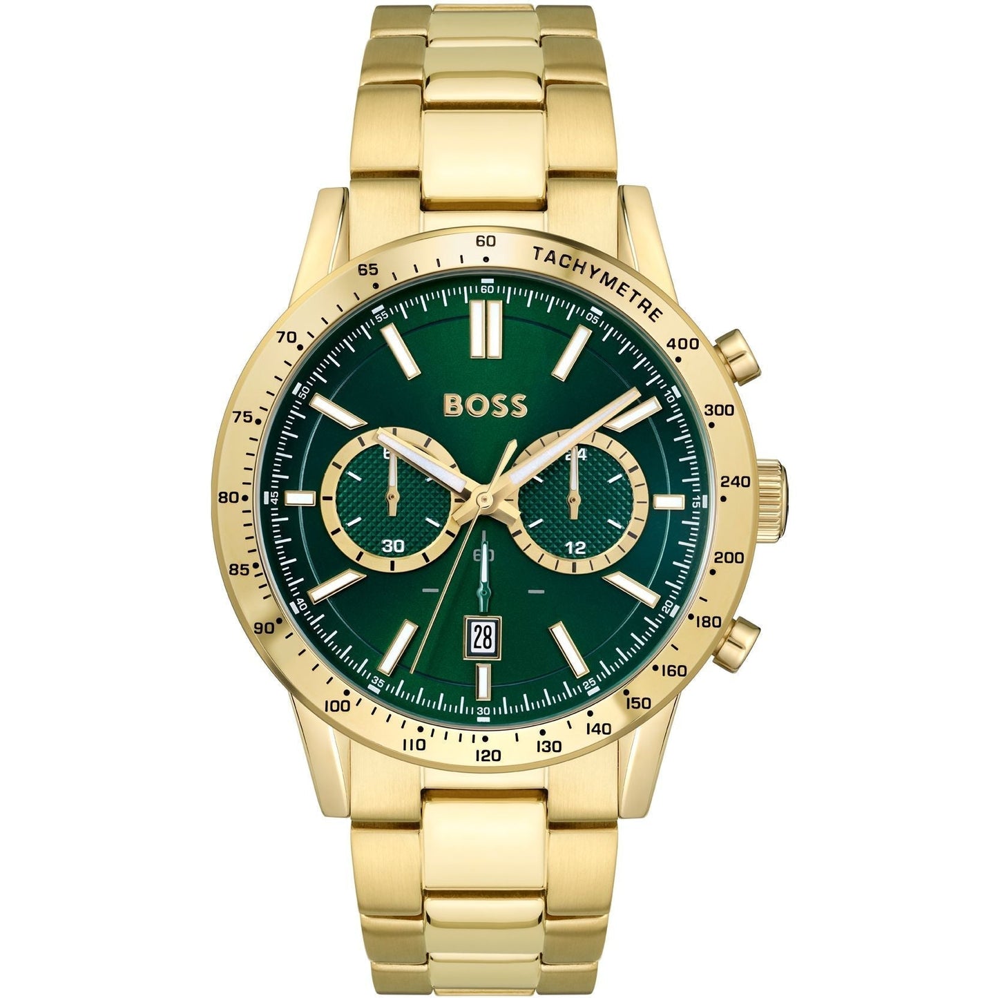 Hugo Boss Allure green dial gold chronograph watch with tachymetre bezel