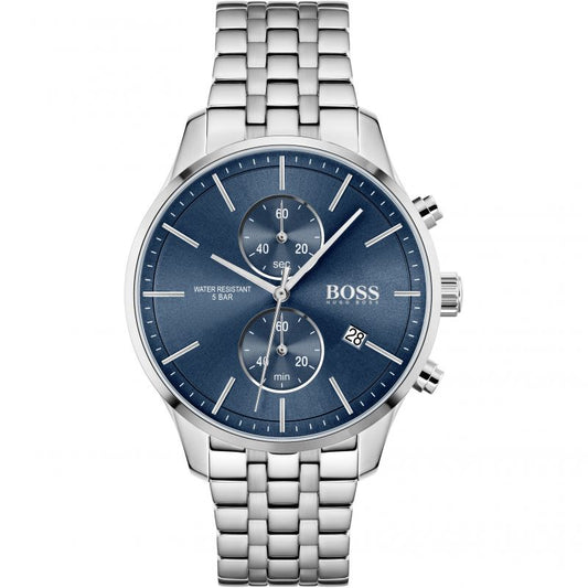 Hugo Boss Associate silver chronograph watch with blue dial and stainless steel bracelet