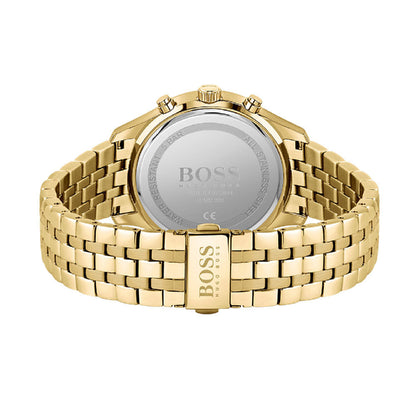 Hugo Boss Associate gold chronograph caseback showing BOSS branding and water resistance rating