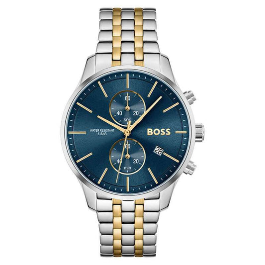 Hugo Boss Associate chronograph watch with blue dial and two-tone stainless steel strap